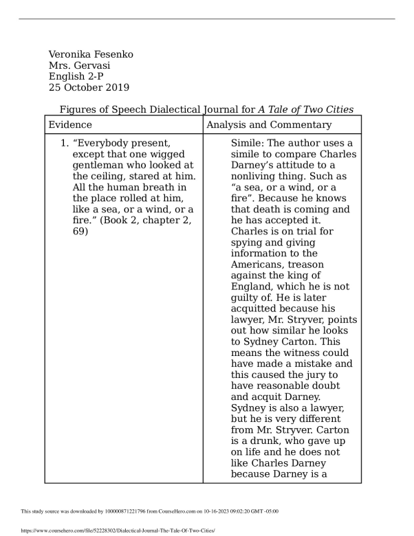 Dialectical Journal "The Tale Of Two Cities" preview image