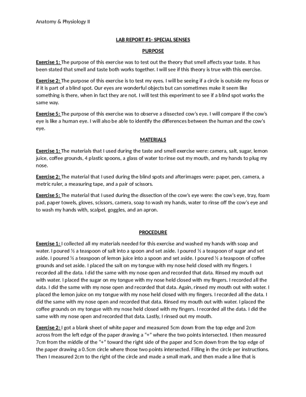 LAB REPORT 1 Special Senses Reflex and Sensory Physiology