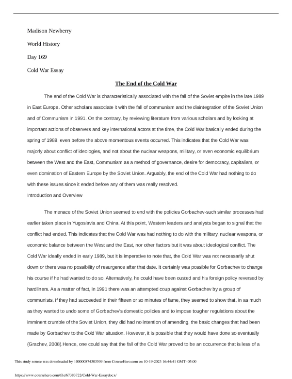 Cold War Essay.Floyd Central High School     HISTORY 115 preview image