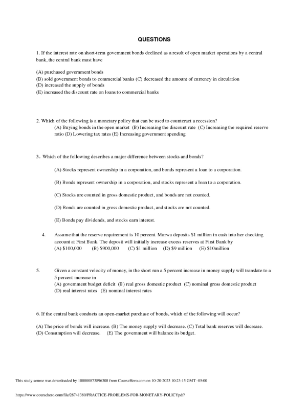 PRACTICE PROBLEMS FOR MONETARY POLICY. preview image