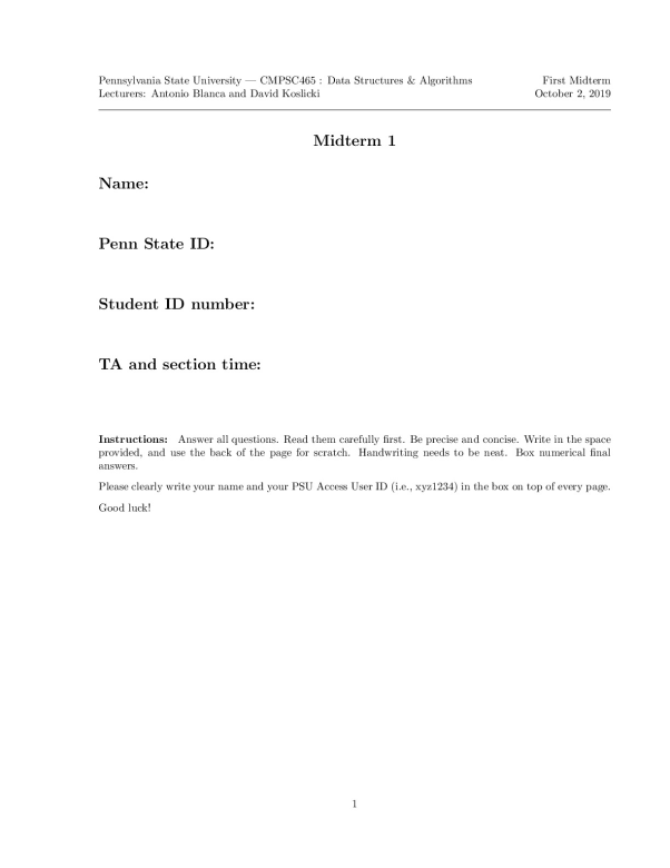 midterm_1_sol.Rate this document to earn an unlock  2 more documents to go      Pennsylvania State University     CMPSC... preview image