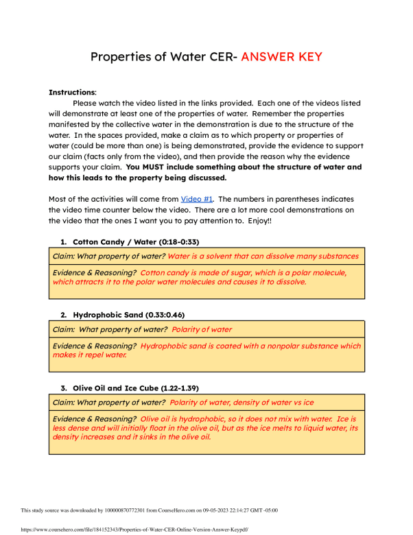 Properties of Water CER - Online Version Answer Key preview image