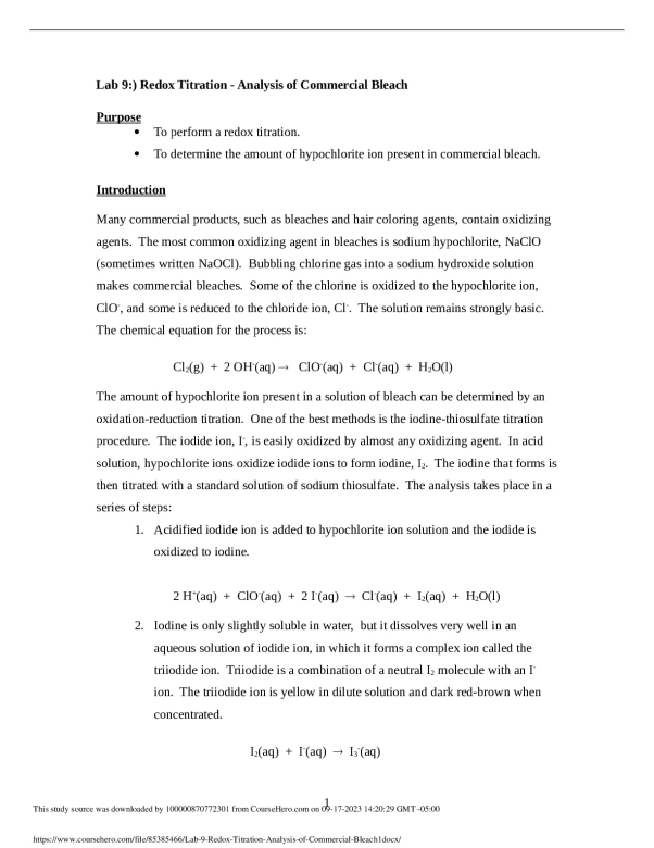 Lab 9) Redox Titration Analysis of Commercial Bleach(1