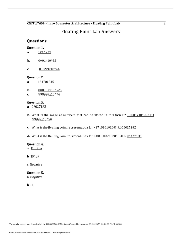 CNIT 17600 - Intro Computer Architecture - Floating Point Lab preview image