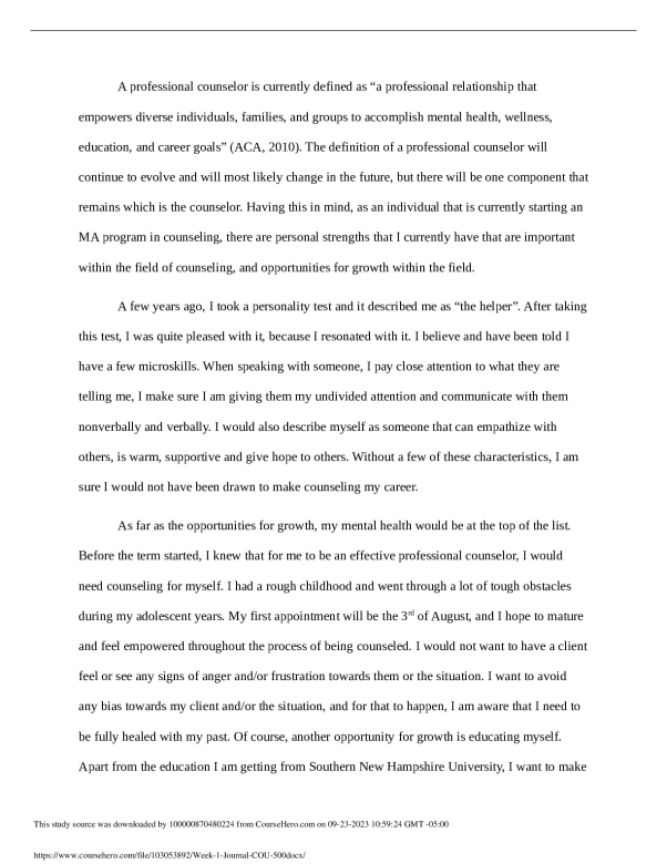 Week 1 Journal - COU 500 preview image