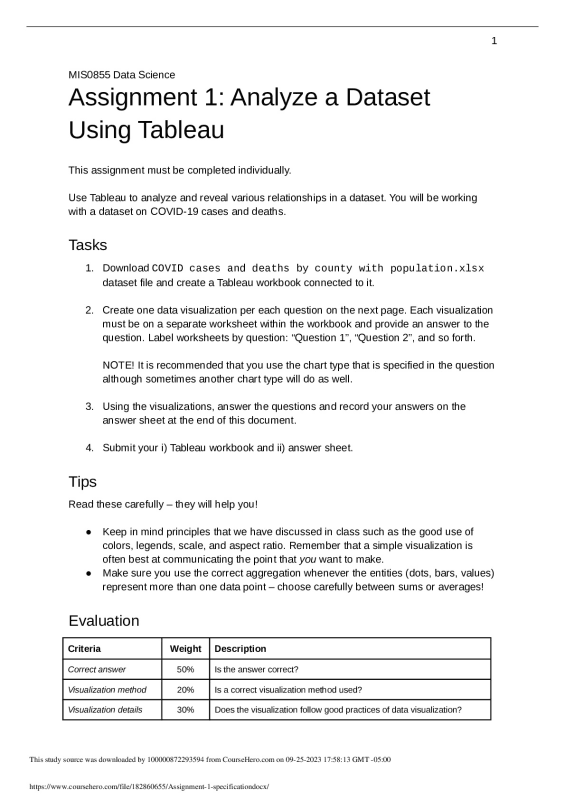 assignment 1 analyze a dataset using tableau