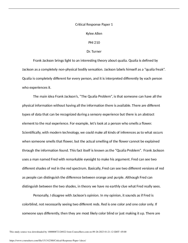 Critical Response Paper 1.docx  Anderson University PHI 210 preview image