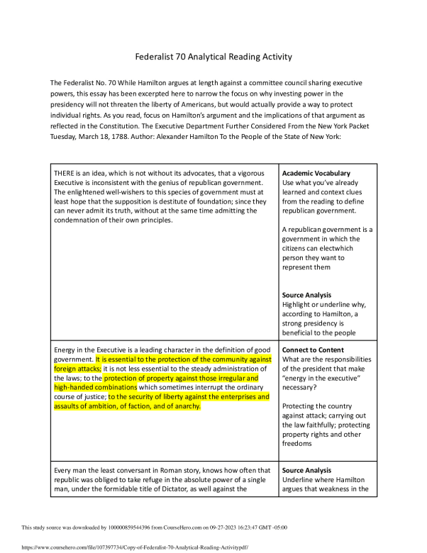Copy of Federalist 70 Analytical Reading Activity Bellaire High School US GOVERNMENT 101 preview image