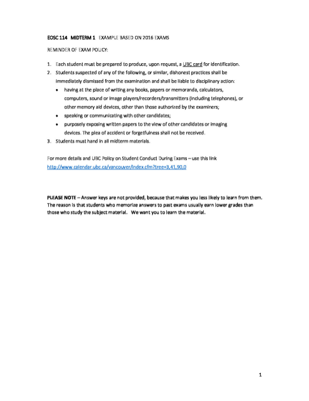1 EOSC 114 MIDTERM 1 EXAMPLE BASED ON 2016 EXAMS