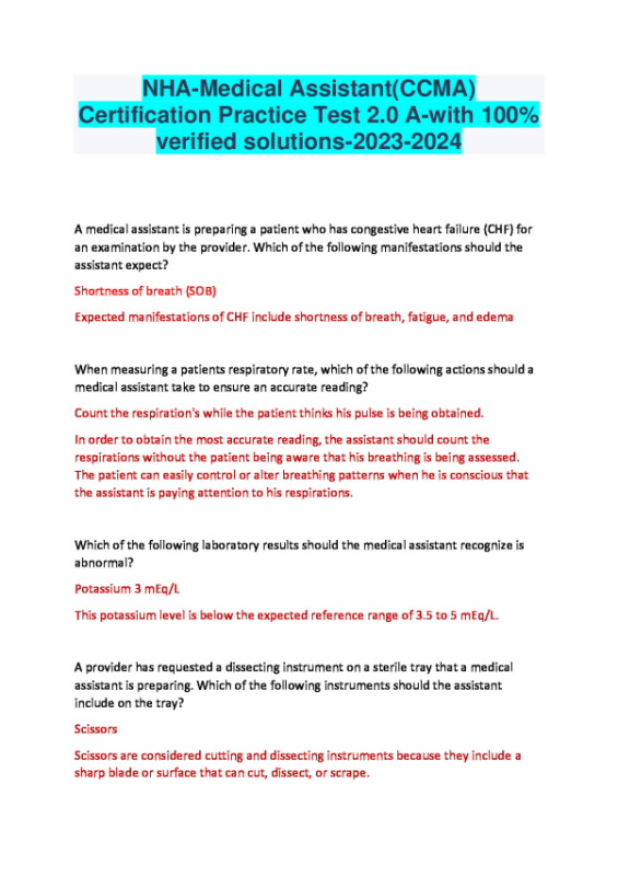 NHA_Medical_Assistant_CCMA__Certification_Practice_Test_2.0_A_with_100__verified_solutions_2023_2024