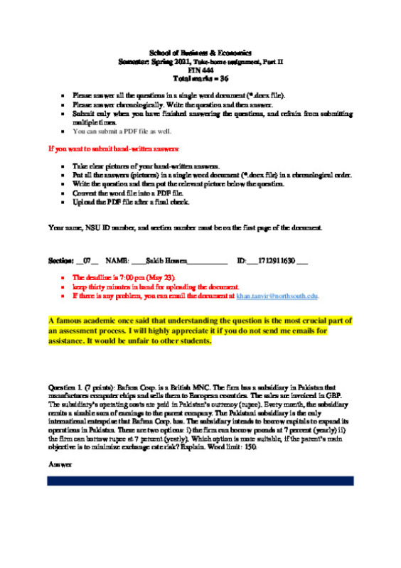 School of Business & Economics Semester: Spring 2021, Take-home assignment, Part II FIN 444 Total marks = 36 preview image