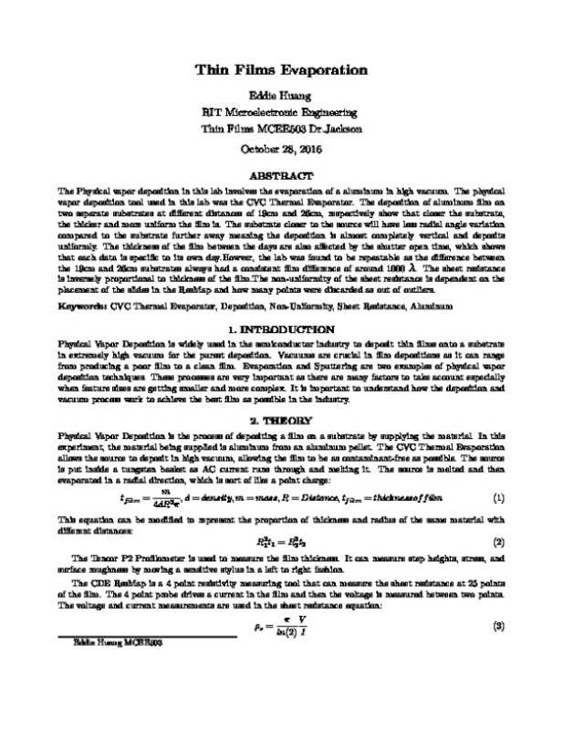 Thin Films Evaporation Eddie Huang RIT Microelectronic Engineering Thin Films MCEE503 Dr.Jackson October 28, 2016 preview image