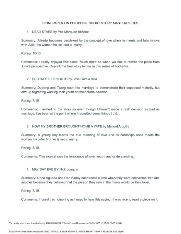 FINAL PAPER ON PHILIPPINE SHORT STORY MASTERPIECES. preview image