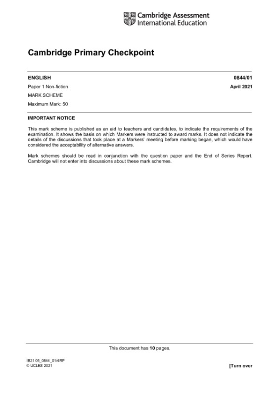 ENGLISH 0844/01Paper 1 Non-fiction  MARK SCHEME Maximum Mark: 50 preview image