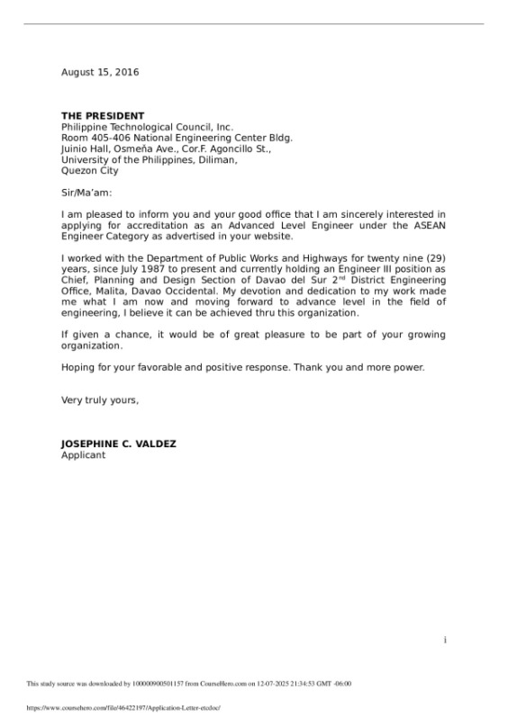 Application Letter BSED 907 preview image