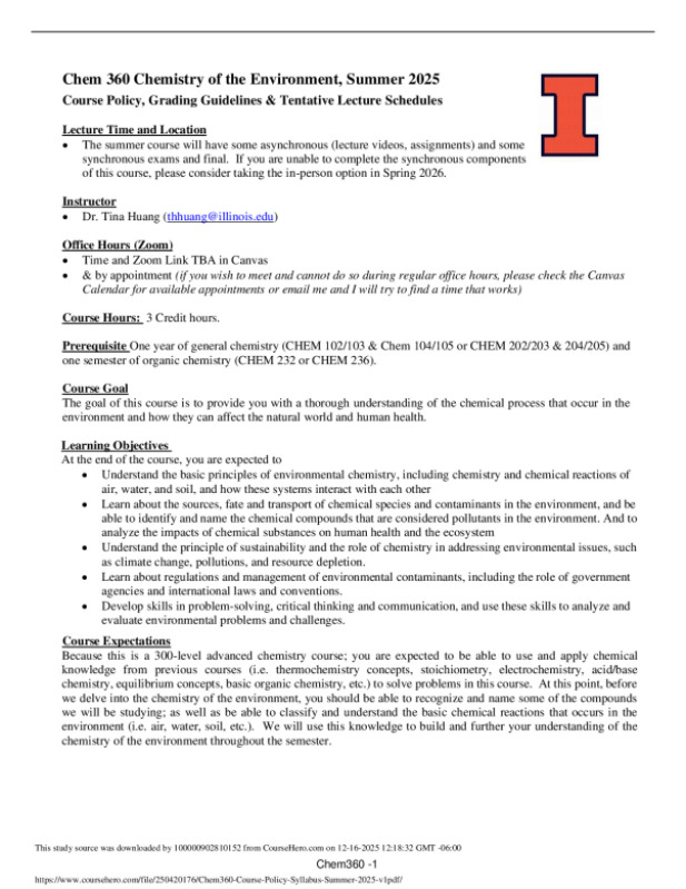 Chem 360 Chemistry of the Environment, Summer 2025 Course Policy, Grading Guidelines & Tentative Lecture Schedules preview image