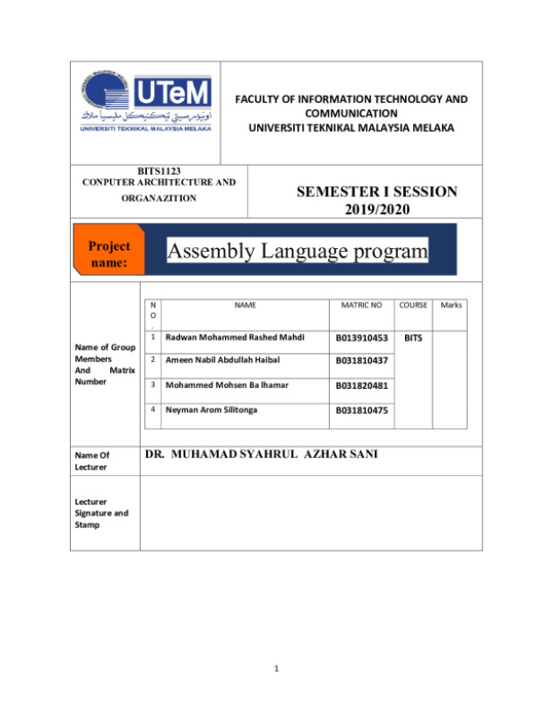 BITS1123  Assembly Language program COMPUTER ARCHITECTURE AND  ORGANAZITION  | FACULTY OF INFORMATION TECHNOLOGY AND  CO... preview image