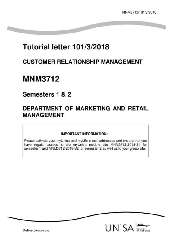 Tutorial letter 101/3/2018 CUSTOMER RELATIONSHIP MANAGEMENT MNM3712 preview image