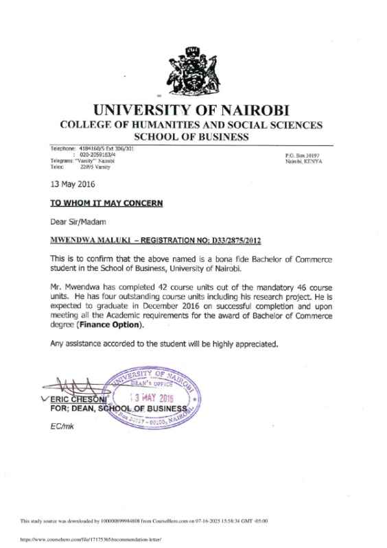 University of Nairobi DMA 202 recommendation letter preview image