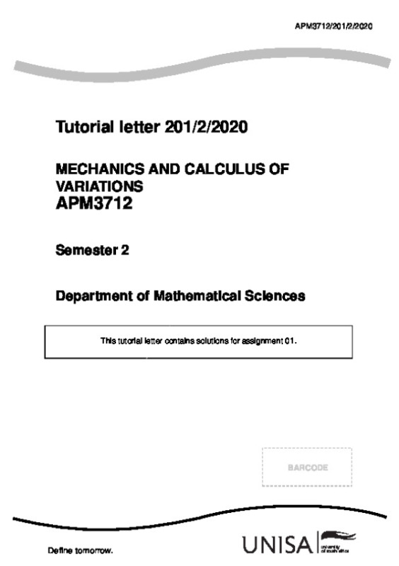 MECHANICS AND CALCULUS OF VARIATIONS APM3712 Semester 2 preview image
