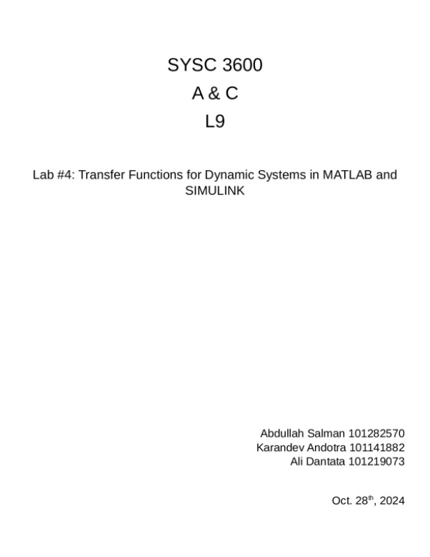 SYSC 3600 A & C L9 Lab #4: Transfer Functions for Dynamic Systems in MATLAB and SIMULINK preview image