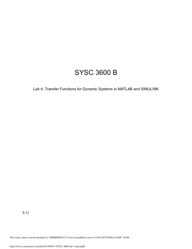SYSC 3600 B Lab 4: Transfer Functions for Dynamic Systems in MATLAB and SIMULINK preview image