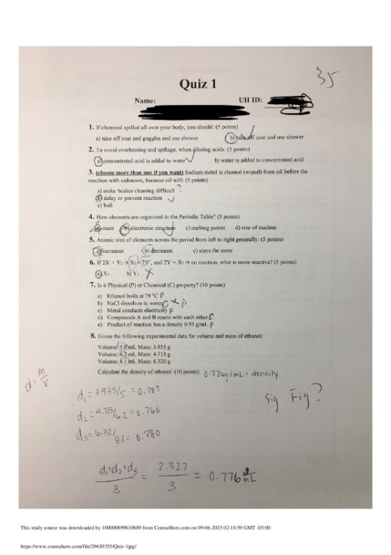 Quiz 1.     University of Houston  CHEM 1111 preview image