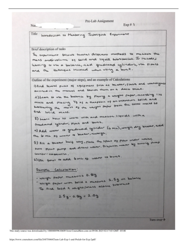 Chem Lab Exp 1 and Prelab for Exp 2.   University of Houston  CHEM 1111 preview image