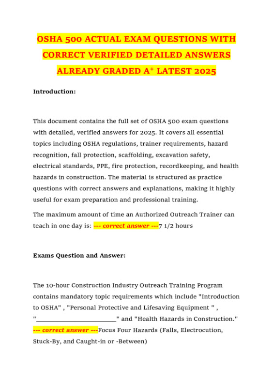 OSHA 500 ACTUAL EXAM QUESTIONS WITH CORRECT VERIFIED DETAILED ANSWERS ...