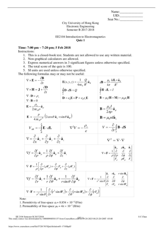 EE2104 Introduction to Electromagnetics Quiz 1 preview image