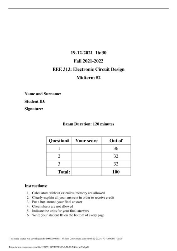 Fall 2021-2022 EEE 313: Electronic Circuit Design Midterm #2 preview image