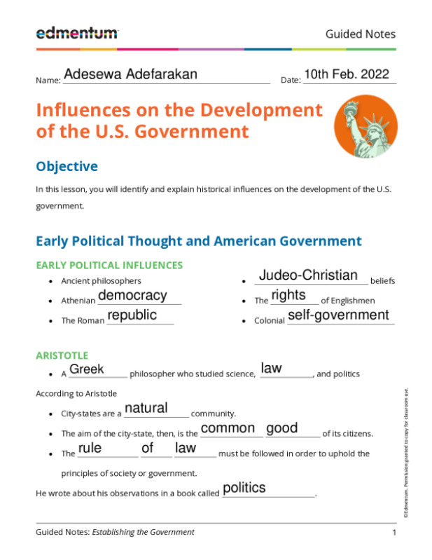 Guided notes for Civics 1.02- Influences of the US Government.