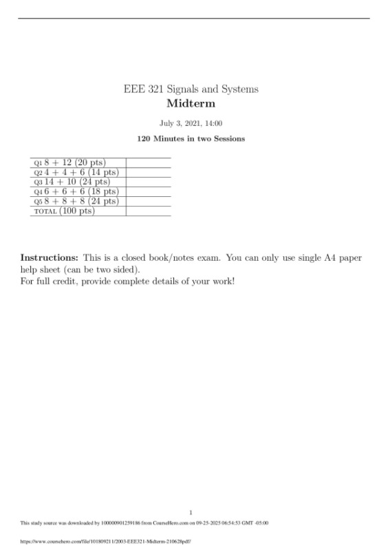 EEE 321 Signals and Systems Midterm preview image