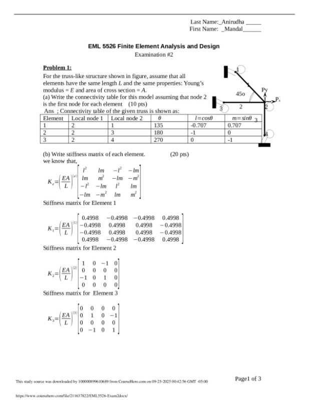 EML 5526 Finite Element Analysis and Design Examination #2 preview image