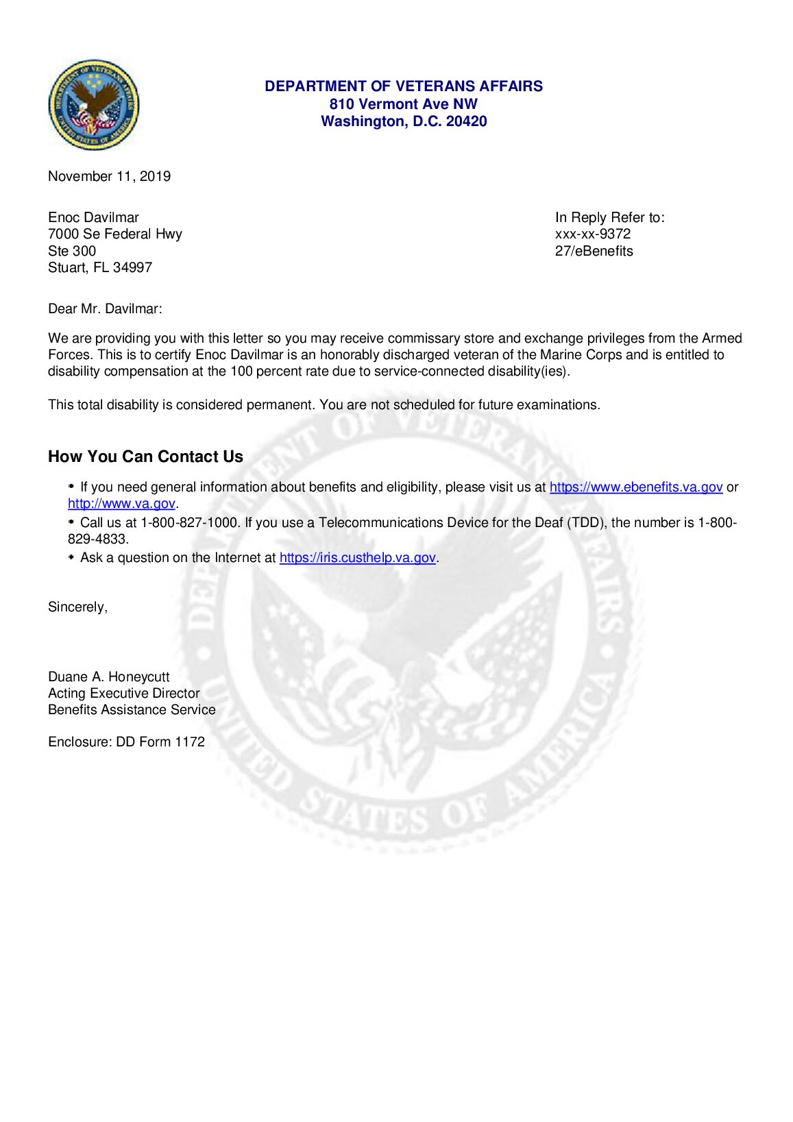 Commissary Letter  DEPARTMENT OF VETERANS AFFAIRS 810 Vermont Ave NW Washington, D.C. 20420 preview image