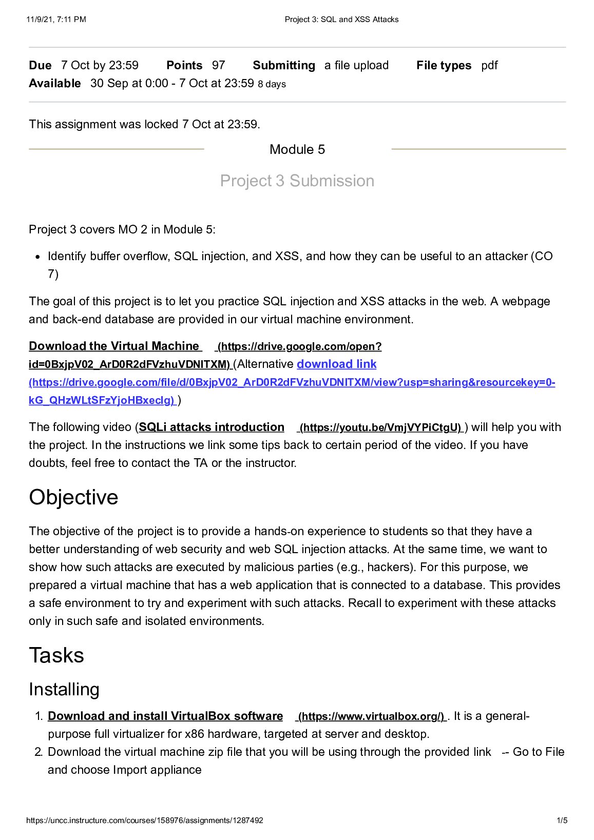 ITIS 6200  Project 3 covers MO 2 in Module 5: Project 3_ SQL and XSS Attacks preview image