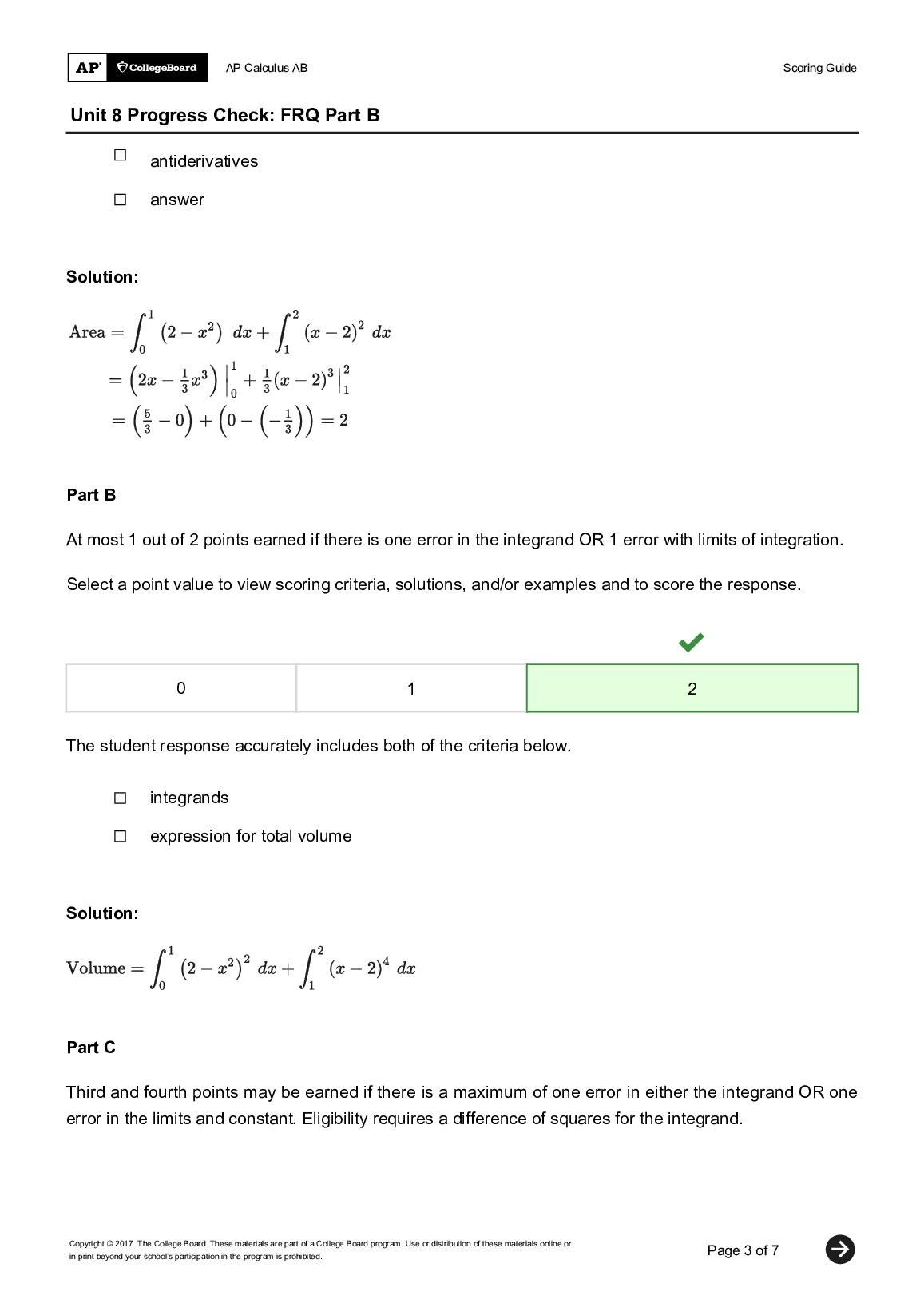AP Calculus AB Scoring Guide Unit 8 Progress Check: FRQ Part B