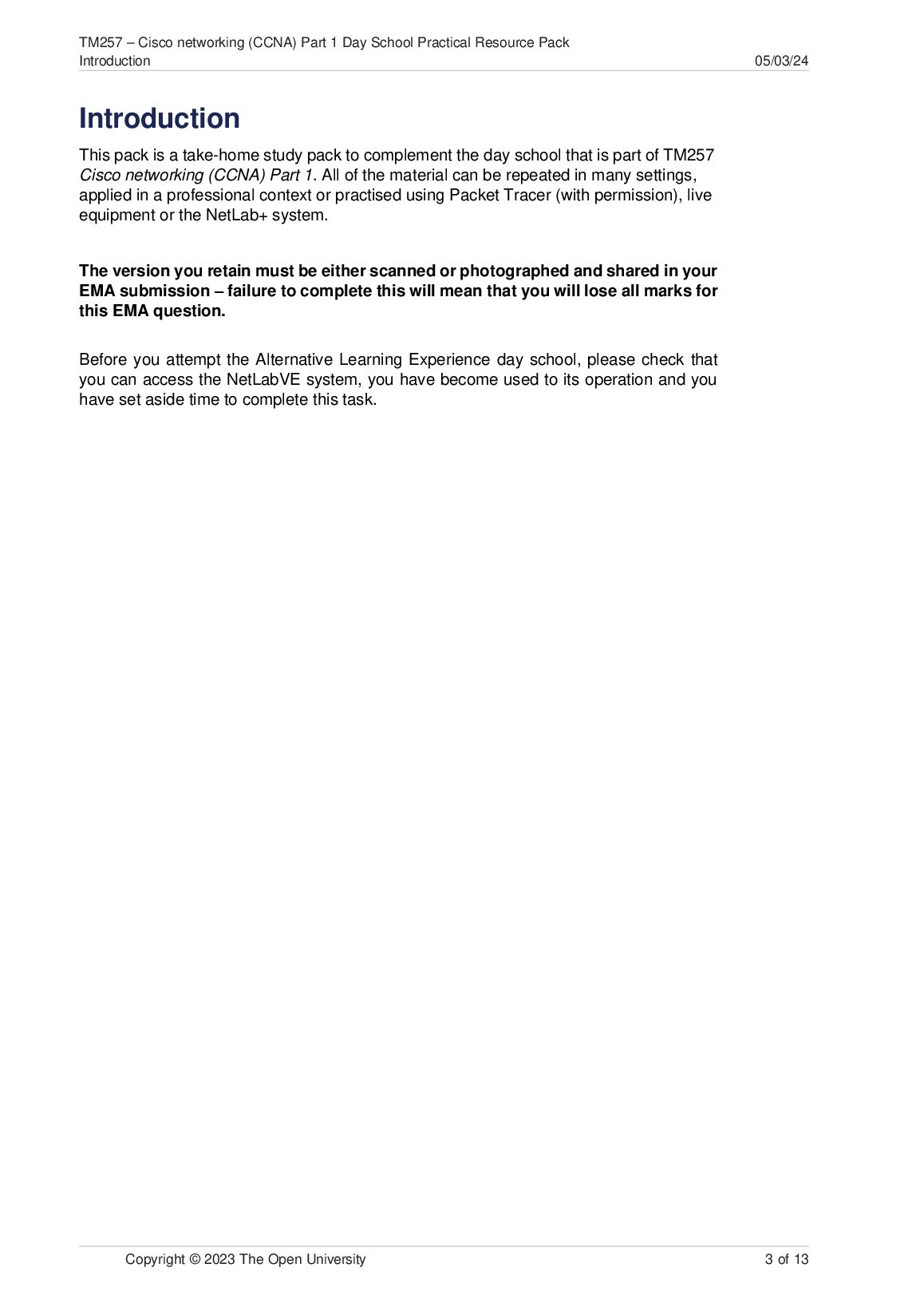 TM257 Cisco networking (CCNA) Part 1 | Virtual Day School Resource Pack - Alternative Learning Experience (ALE) | The Open University document preview page 3