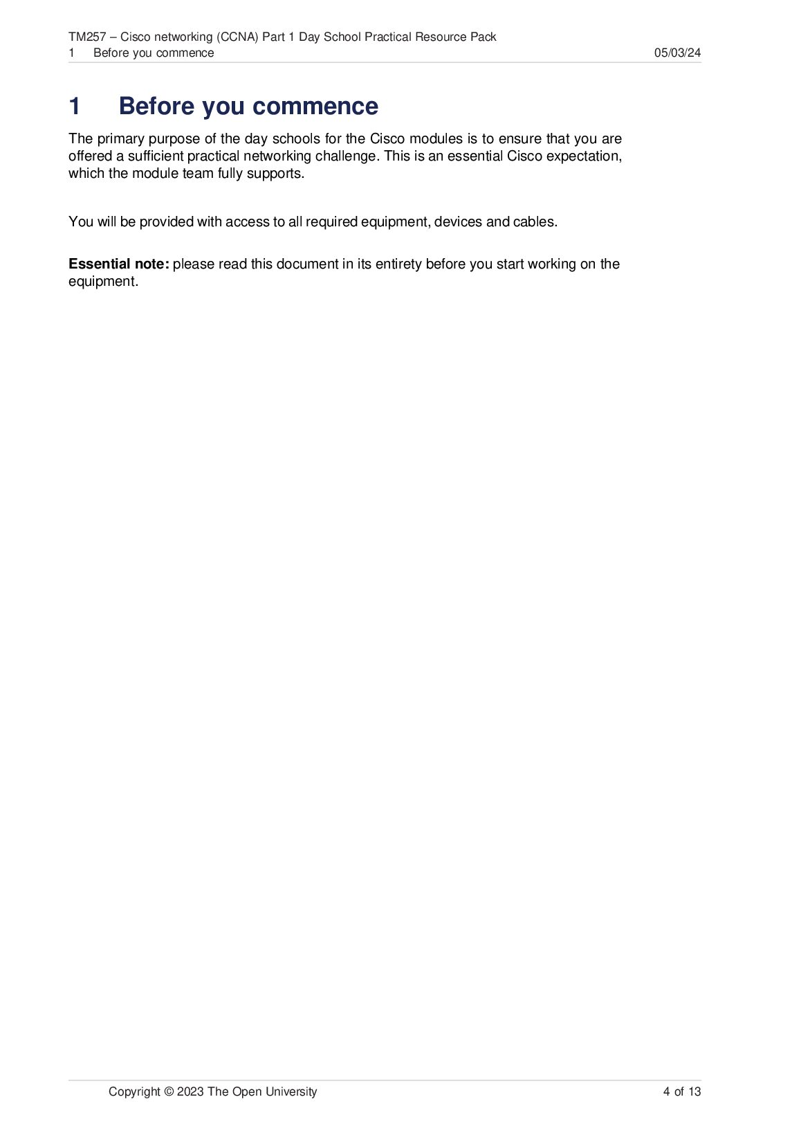 TM257 Cisco networking (CCNA) Part 1 | Virtual Day School Resource Pack - Alternative Learning Experience (ALE) | The Open University document preview page 4