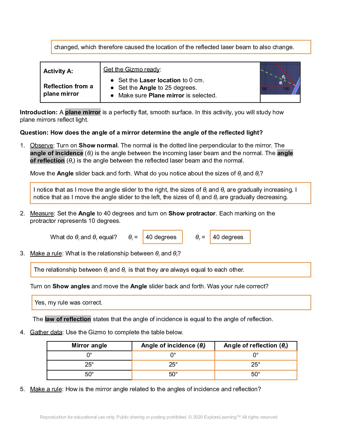 Student Exploration: Laser Reflection Vocabulary: angle of incidence, angle of reflection, laser, law of reflection, plane mirror, reflection document preview page 2