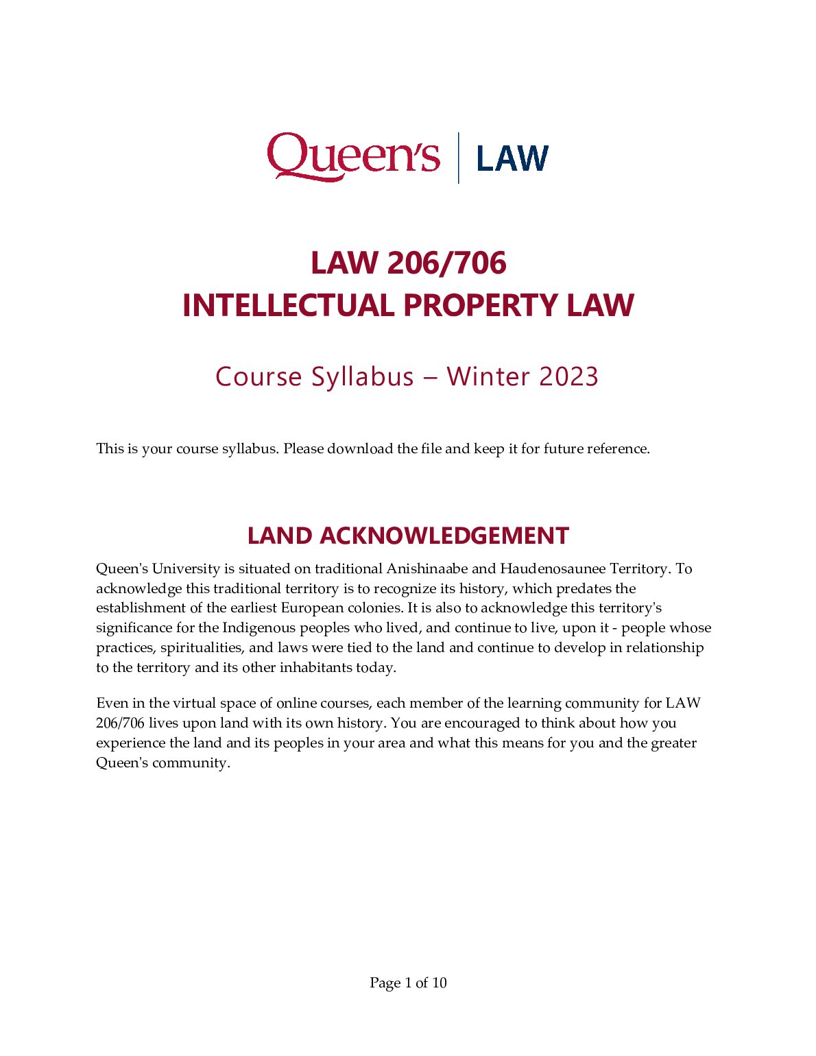 LAW 206/706 INTELLECTUAL PROPERTY LAW Course Syllabus – Winter 2023 preview image