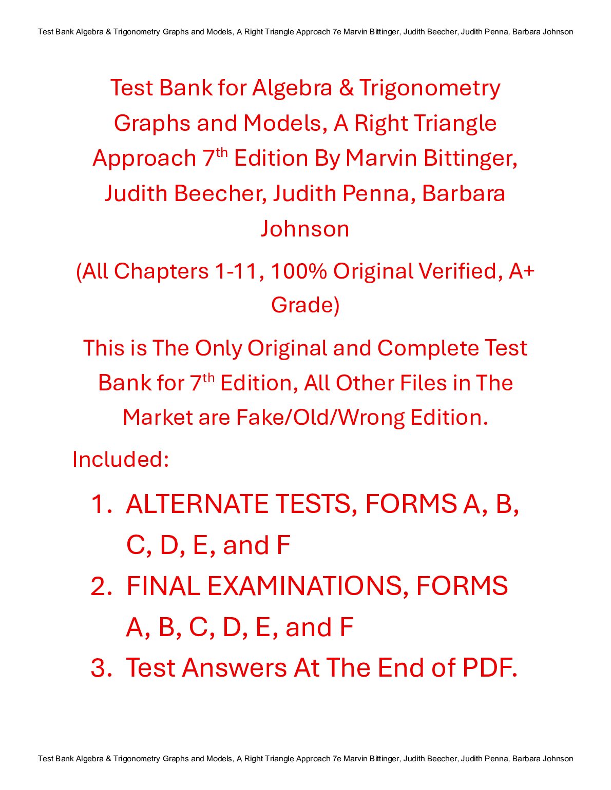 Test Bank Algebra & Trigonometry Graphs and Models, A Right Triangle Approach 7th Edition By Marvin Bittinger, Judith Be... preview image