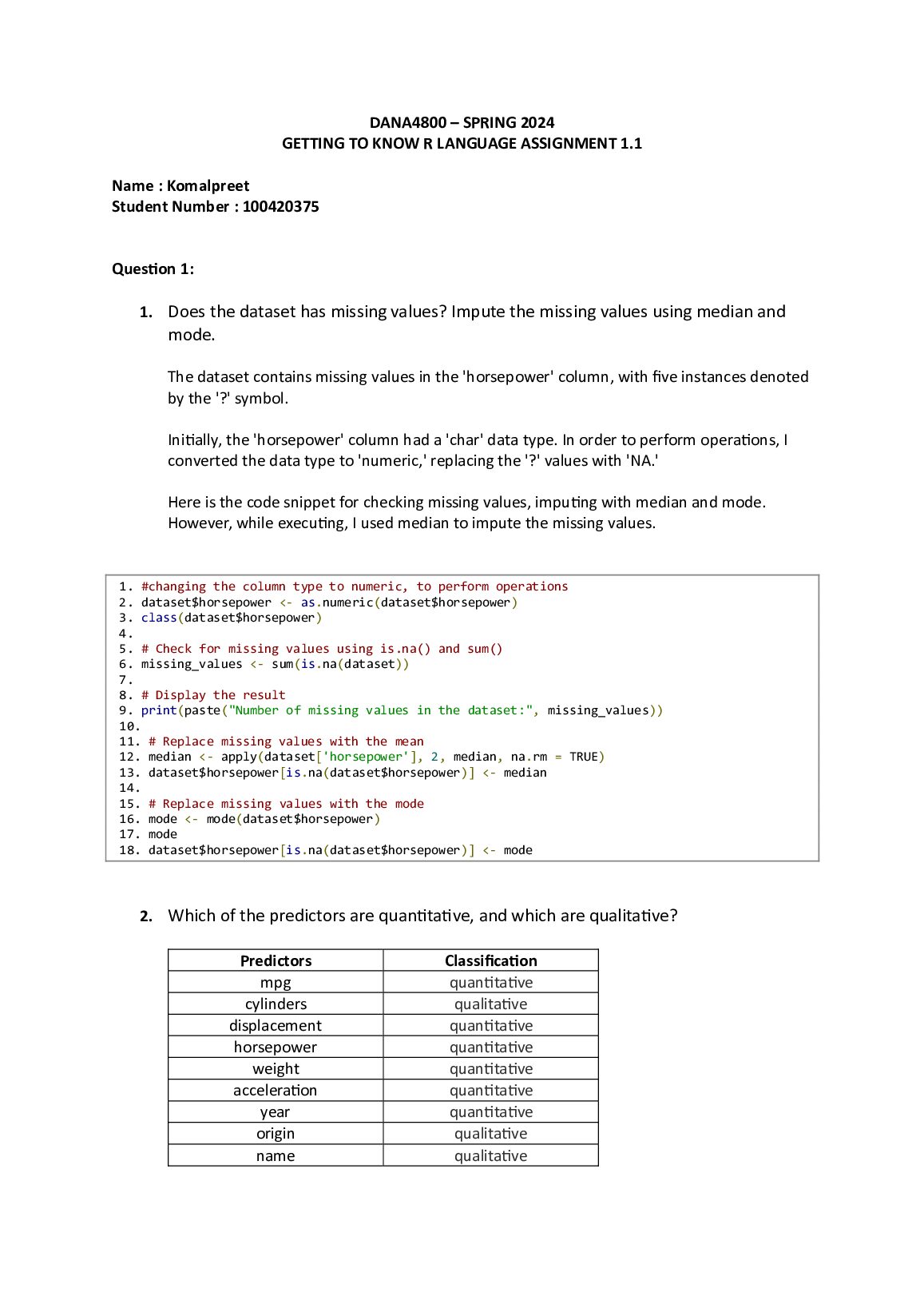 DANA4800 – SPRING 2024 GETTING TO KNOW R LANGUAGE ASSIGNMENT 1.1 preview image