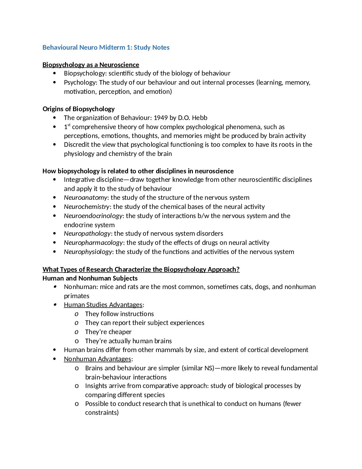 Behavioural Neuro Midterm 1: Study Notes preview image
