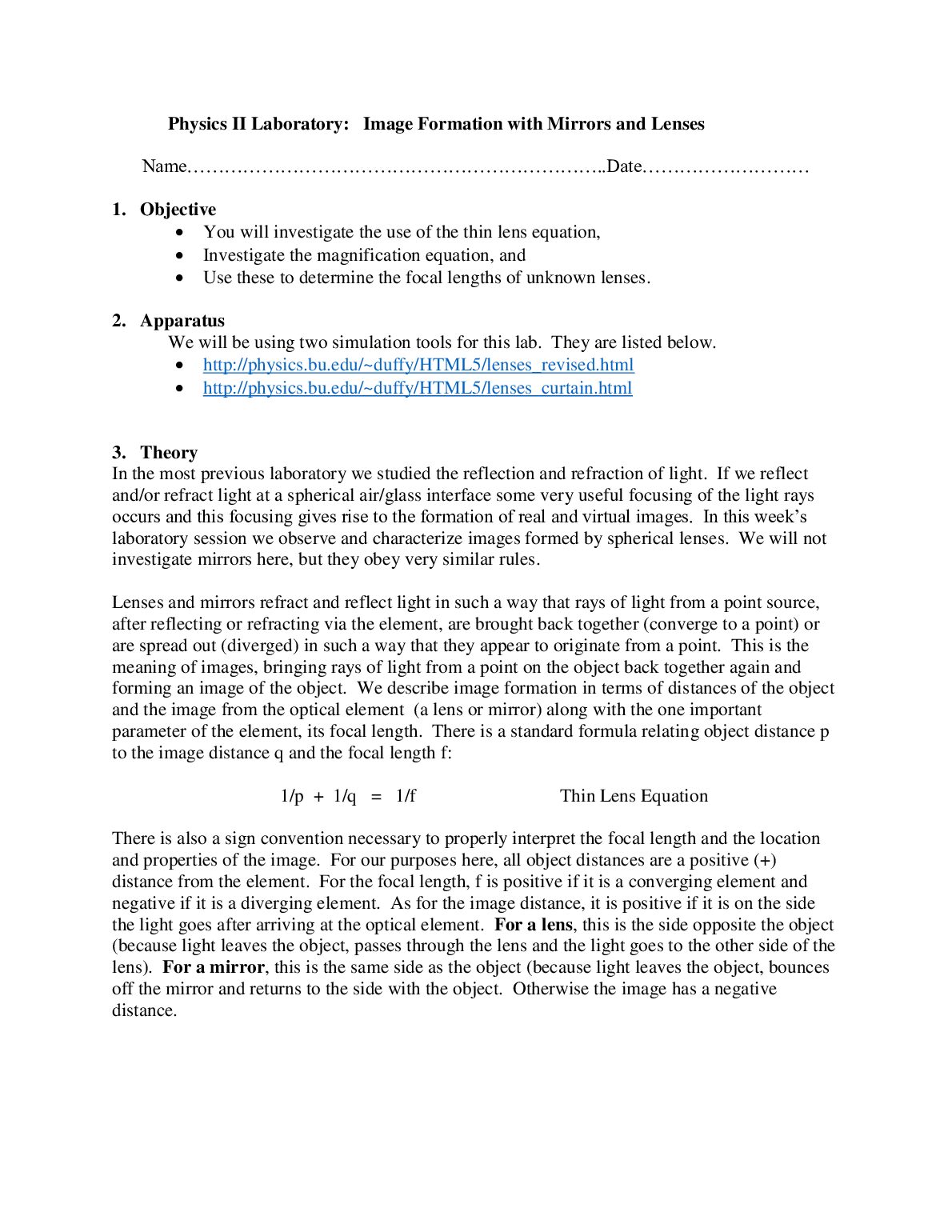 Physics II Laboratory: Image Formation with Mirrors and Lenses preview image