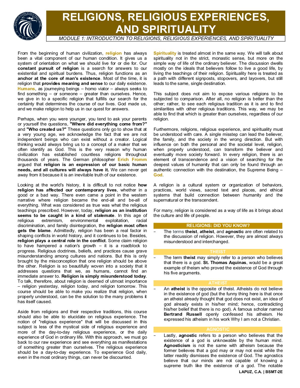 RELIGIONS, RELIGIOUSEXPERIENCES,AND SPIRITUALITYMODULE 1: INTRODUCTION TO RELIGIONS, RELIGIOUS EXPERIENCES, ANDSPIRITUAL... preview image