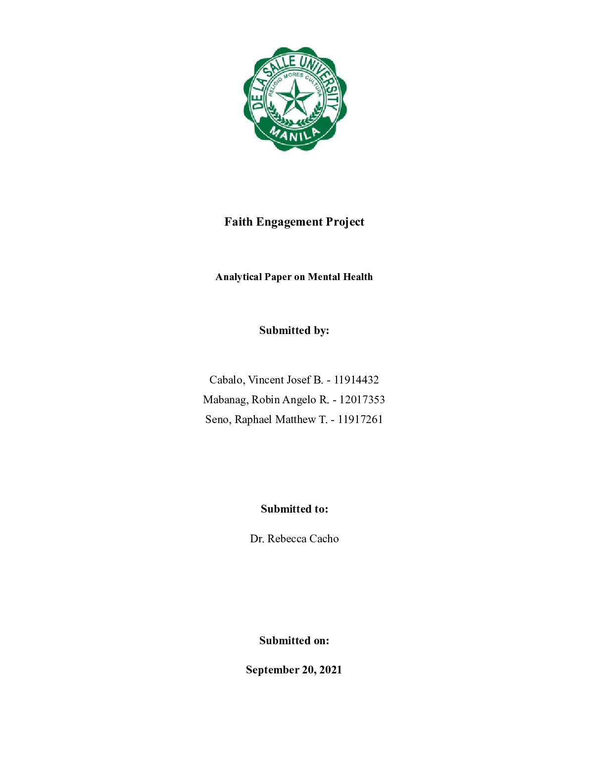 Faith Engagement Project Analytical Paper on Mental Health preview image