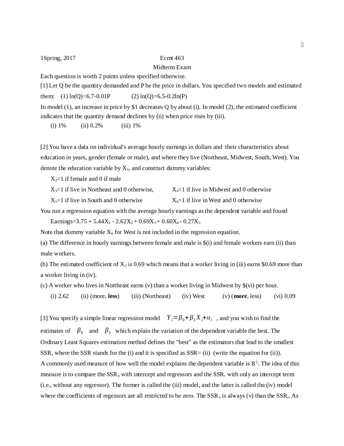 1Spring, 2017 Ecmt 463 Midterm Exam preview image