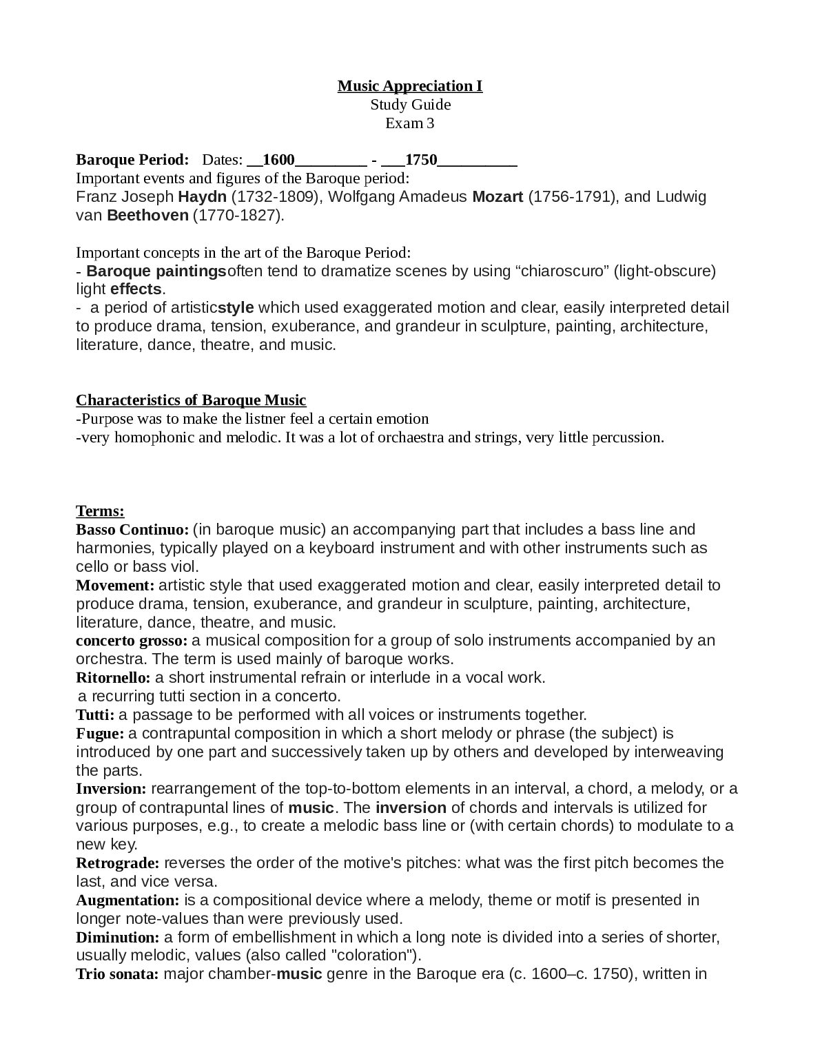 Music Appreciation I  Study Guide  Exam 3 preview image