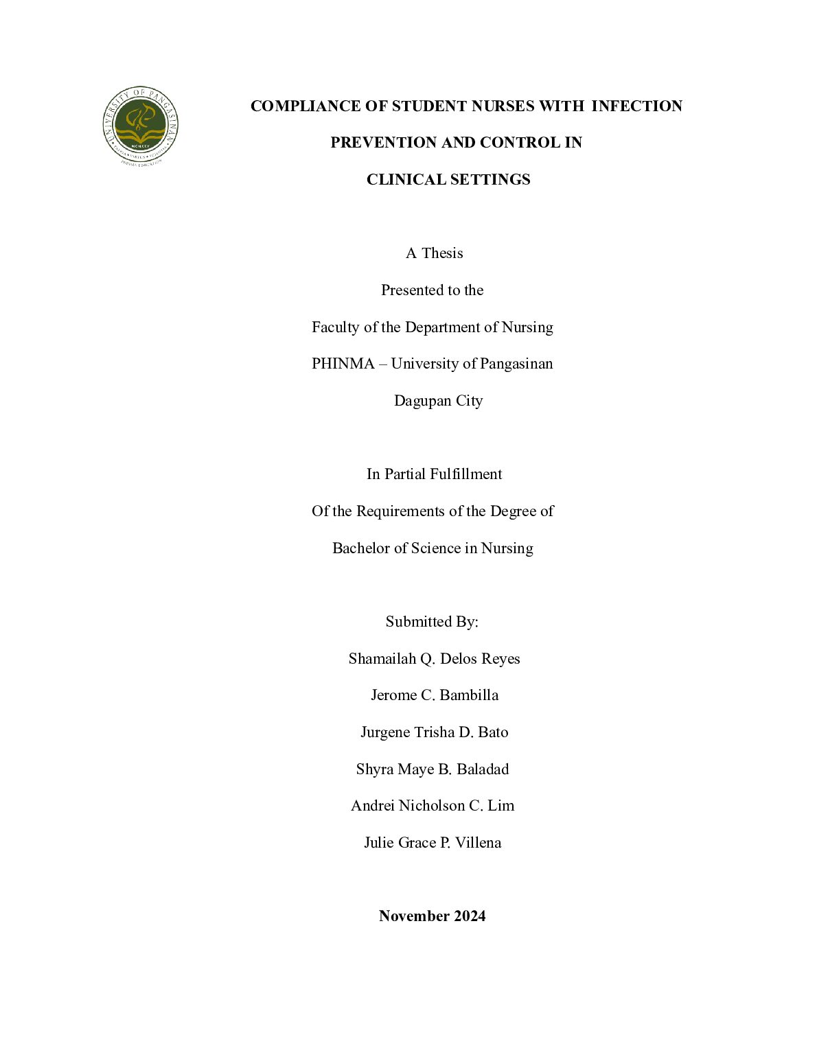 COMPLIANCE OF STUDENT NURSES WITH INFECTION  PREVENTION AND CONTROL IN  CLINICAL SETTINGS  A Thesis preview image